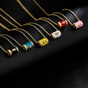 Evil Eye Pendant Necklace Copper 18K Gold Plated Enamel Cylindrical Lucky Protection Zircon Charm For Women Trendy Jewelry