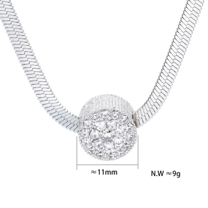 Detail view of silver snake chain with 11mm sparkling rhinestone round pendant, weight 9g