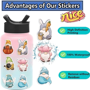 Detail of waterproof cartoon gnome stickers on water bottle showing HD print quality