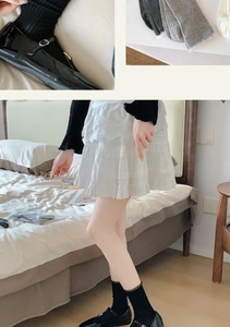 Detail of ribbed mid-calf socks paired with black Mary Jane shoes and lace skirt