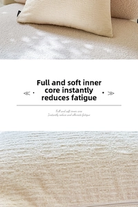 Detail of tufted beige cushion cover showing soft texture and hidden zipper closure
