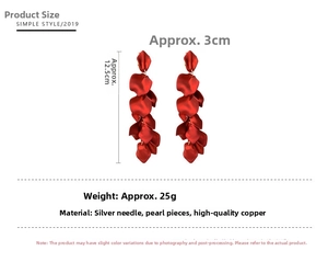 Detailed view of red rose petal long earrings showing 12.5cm length and size specifications