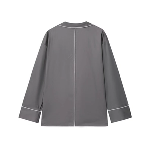 Dark gray poplin long-sleeved shirt with white trim detailing and silk-like finish