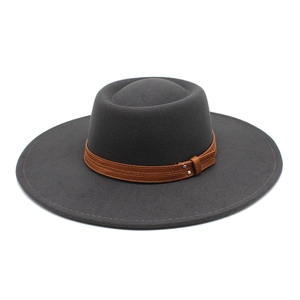 Classic grey wool fedora hat with a wide brim and decorative brown leather belt band