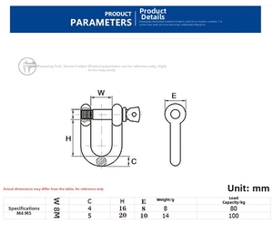 Detailed size chart for 304 stainless steel D-shackle U-hook for paracord bracelets