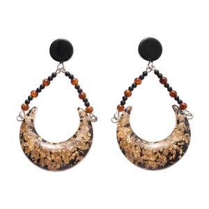Retro crescent resin earrings with gold foil accents and amber beads in vintage style