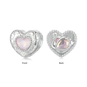 S925 Sterling Silver Pink Heart Swan Bead Charm with Front and Back View on White Background