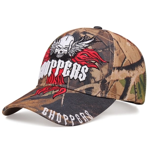 Jungle camo tactical baseball cap featuring embroidered Choppers skull and flame design