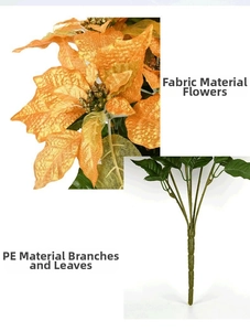 Detail showing fabric flower with gold dust and PE material stem for home decor