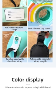 Detail of adjustable shoulder strap with anti-lost name tag for kids water bottle