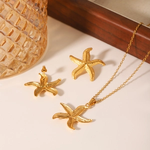 Ensemble collier et boucles d'oreilles étoile de mer en acier inoxydable doré femme