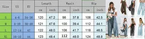 Comprehensive size chart for vintage loose denim overalls with US and EU measurements