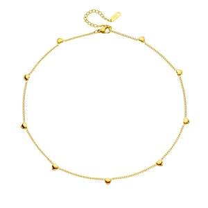 Gold plated stainless steel chain necklace with multiple small heart charms on white background