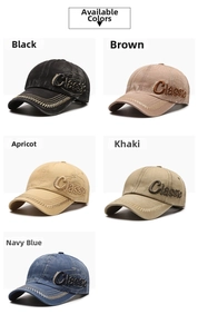 Detailed view of five colors of washed denim baseball caps with side Classic embroidery