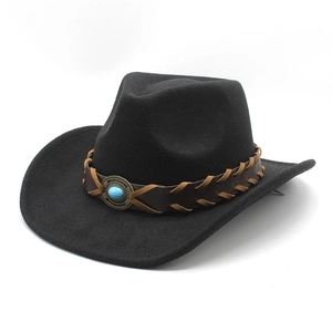 Classic black wool felt cowboy hat with vintage braided leather band and turquoise stone
