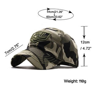 Detailed size specifications for camo army baseball cap with embroidery and 7cm brim