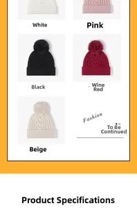 Flat lay of cable knit beanies with pom poms in white, pink, black, red, and beige