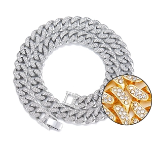 Hip hop silver Cuban chain necklace with clear crystals and a gold detail inlay