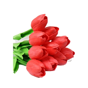 Realistic red PU mini tulips bouquet with green stems for modern home floral decor