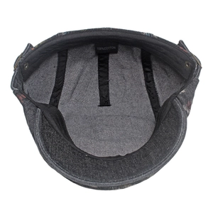Detail showing 100% cotton inner lining and sweatband of the washed denim flat cap