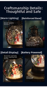 Detail of Christmas lantern snow globe with snowman, trees and dual USB battery power source
