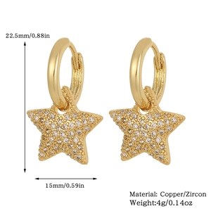 Detail view of 18K gold plated star earrings with copper zircon and exact measurements