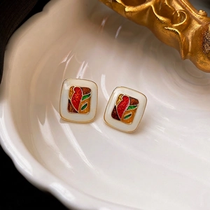 Vintage square oil painting style enamel earrings with colorful floral glass pattern