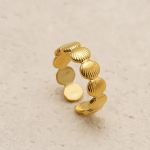 Elegant 18K gold plated stainless steel open ring with textured seashell design