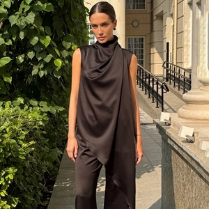 Women Sleeveless Mock Neck Satin Top Asymmetric Hem Drape Pleated Back Button Casual Elegant Solid Tank Blouse