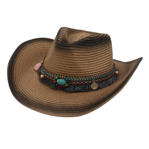 Ethnic western straw cowboy hat with turquoise, colorful beads and pink tassels