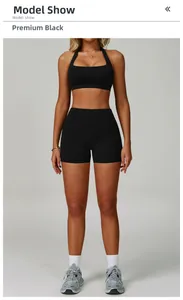 Detail view of backless halter yoga bra and high waist shorts in premium black fabric
