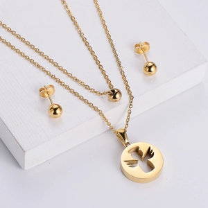 Collana A Doppio Strato In Acciaio Inossidabile E Orecchini A Sfera Ciondolo Rotondo Con Angelo Cupido Traforato Per Donna