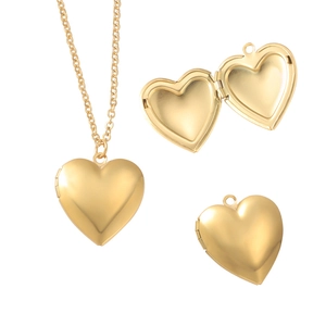 316L gold stainless steel heart photo locket necklace shown in open and closed positions