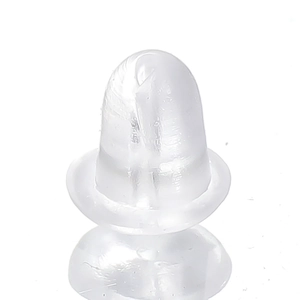 Macro shot of clear silicone earring backings with smooth texture on white background