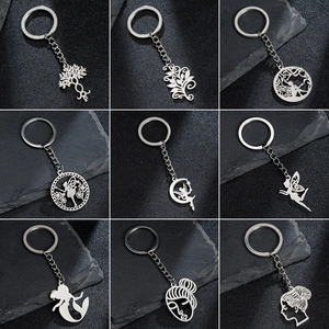 Stainless Steel Keychain Tree Of Life Mermaid Fairy Pendant Silver Metal Key Ring Minimalist Accessory For Women Men