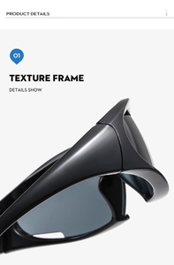 Detail of the high-quality textured black frame and industrial curves of y2k sunglasses