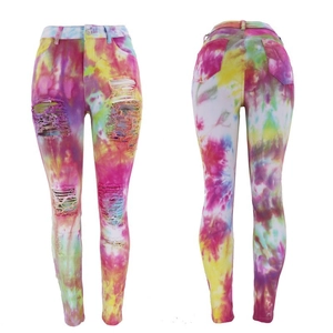 Women's multi-color tie-dye ripped jeans with slim fit and vibrant pastel patterns
