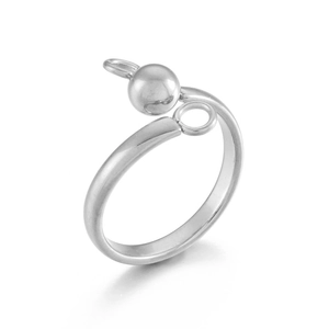 Detailed view of silver stainless steel bypass ring with ball and double-loop design