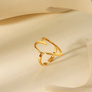 Minimalist 18K gold plated stainless steel open ring with a hollow heart design