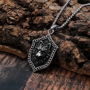 Vintage Nordic Viking wolf shield pendant necklace in retro silver stainless steel finish