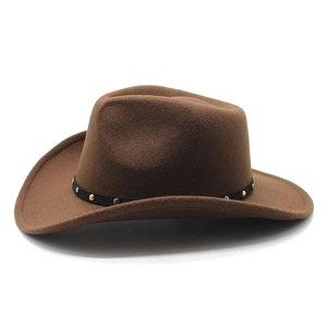 Close-up of brown wool felt cowboy hat with black studded band and metallic rivets