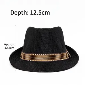 Linen jazz hat for kids with yellow striped band and 12.5cm deep crown design