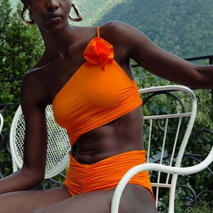 One Shoulder One Piece Swimsuit 3D Flower Cut Out Ruched High Elastic Nylon Beachwear And Tropical Print Sarong