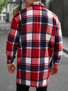 Outdoor back view of men's flannel plaid shirt jacket in red white and blue checkered pattern