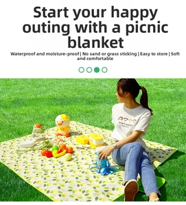 Detail of waterproof picnic mat with yellow leaf pattern on grass in sunny park