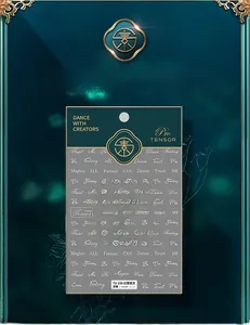 Macro detail of TS-339 3D embossed nail stickers featuring elegant cursive English words
