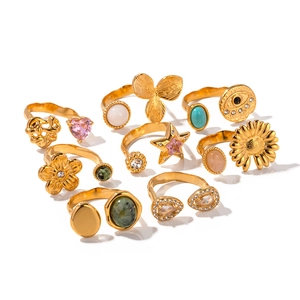 French vintage titanium steel 10-piece gold ring set with colorful gemstone elements