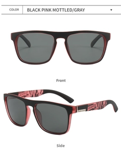 Detail of polarized sunglasses with black pink mottled frames and metal logo hinges