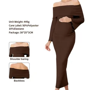 Off Shoulder Long Sleeve Maternity Dress Ruched Knit Slim Fit Ankle Length Elegant Pregnancy Gown