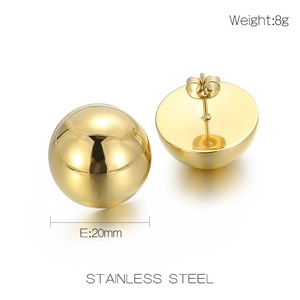 Macro detail of 20mm hollow ball earrings in polished gold stainless steel, weight 8g